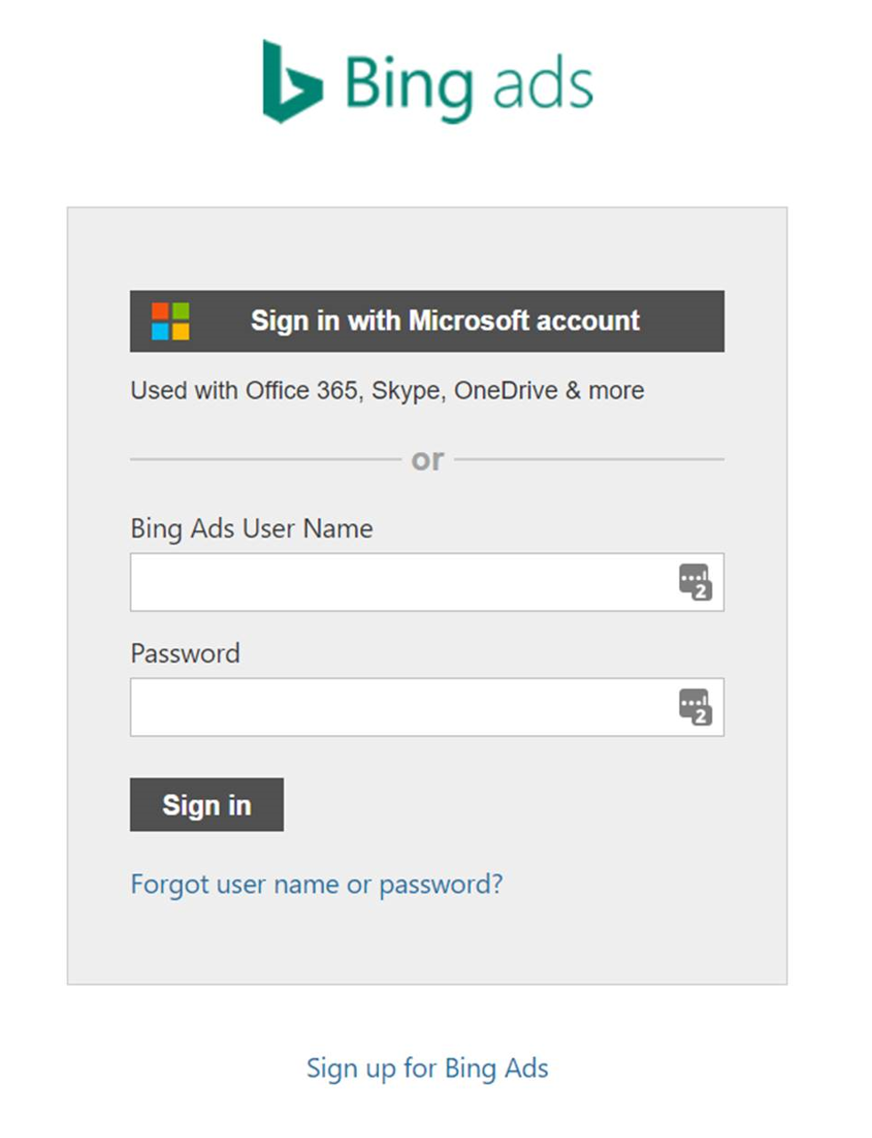 The old Bing Ads sign-in page: a plain gray box with a Microsoft account button and separate username and password fields, no supporting content.