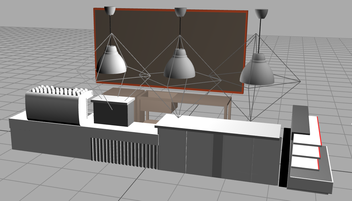 A SketchUp render of the café's stage and screen area with hanging pendant lights.