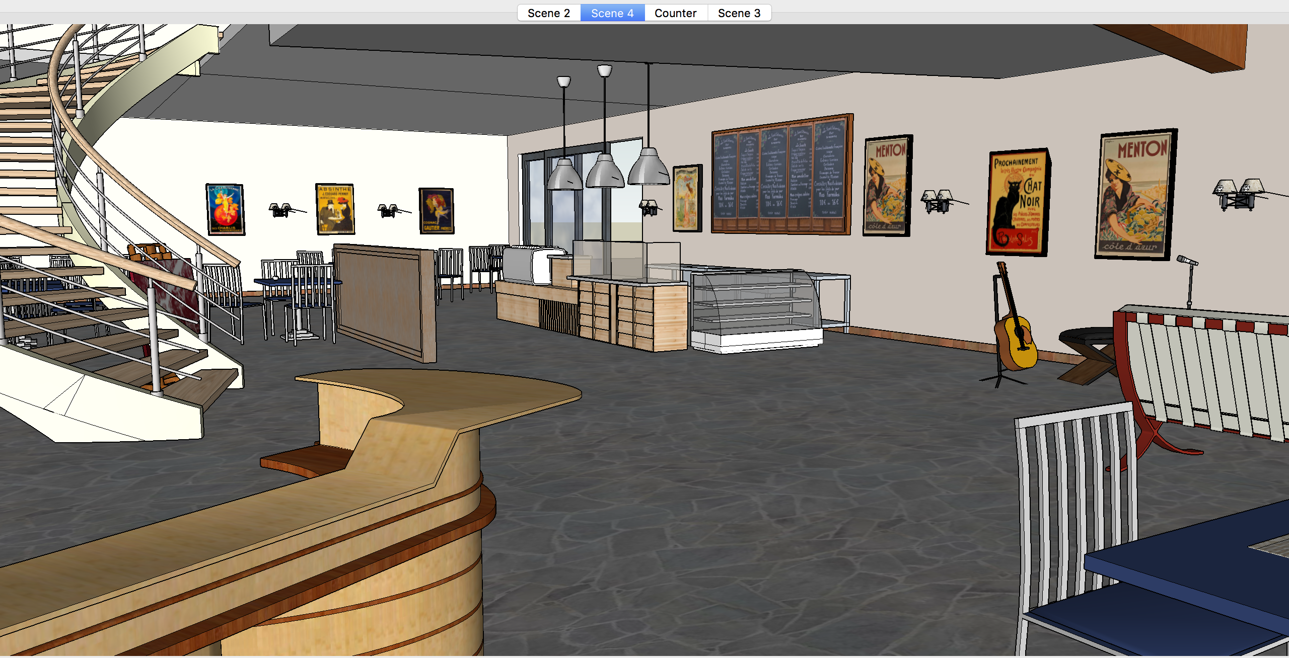 A SketchUp render of the café's seating area, decorated with framed posters, a menu board, a guitar, and café tables.