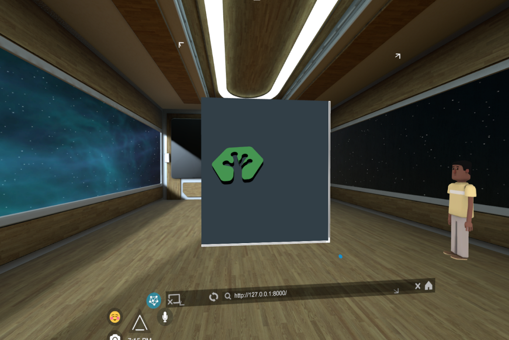 A first-person view inside the virtual café in AltSpaceVR, looking down a corridor with starfield windows toward an interactive panel.