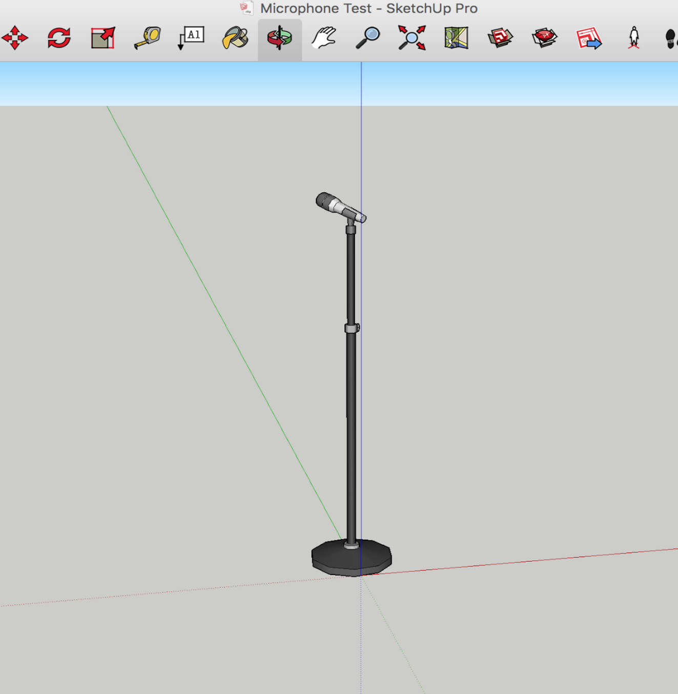 A SketchUp render of a standing microphone prop modeled for the café environment.