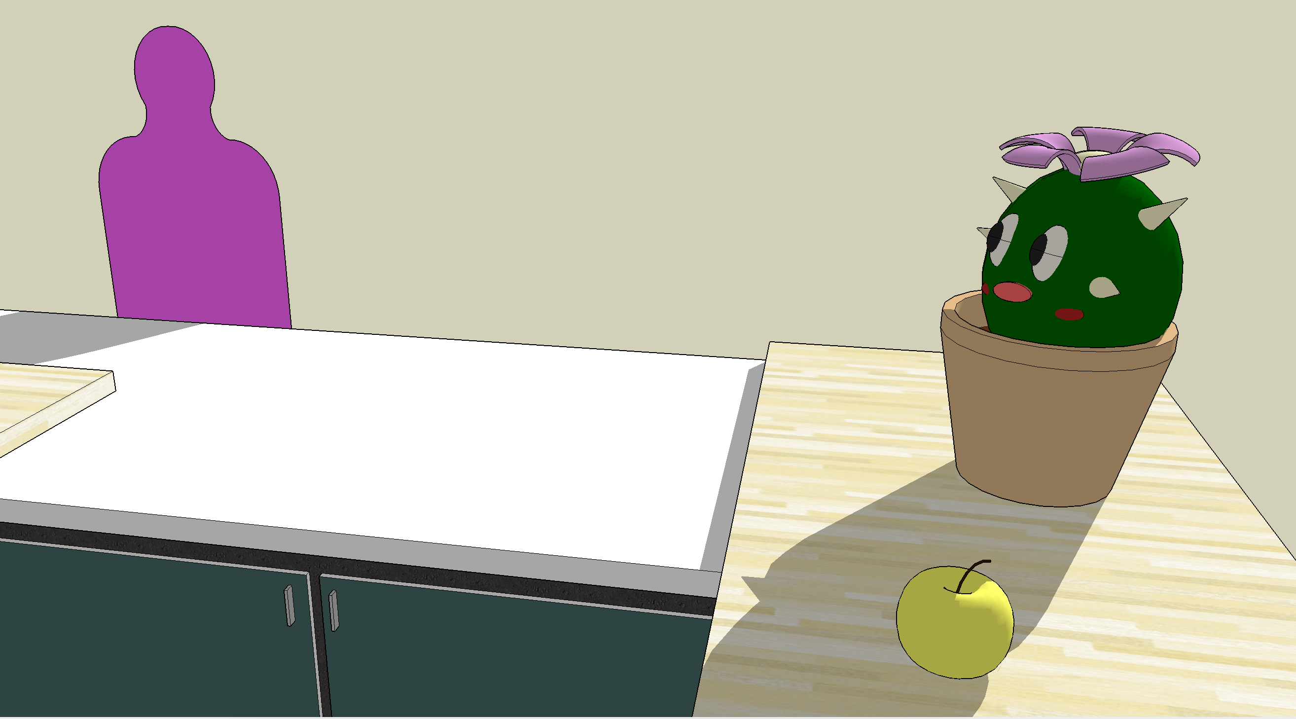 A SketchUp render of a café table with a chair, a potted plant, and an apple, used to prototype table-side interactions.