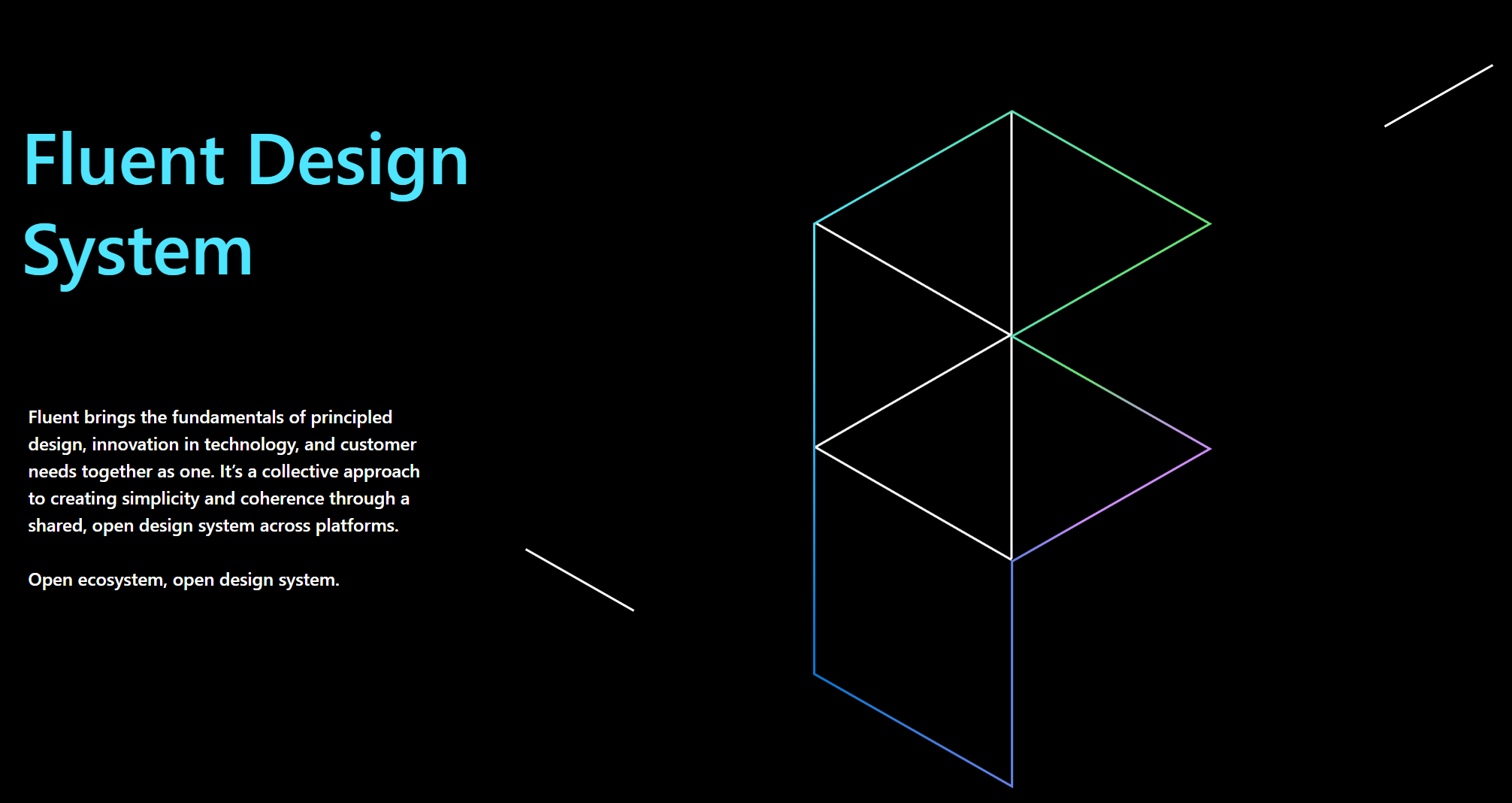 A title slide reading 'Fluent Design System' describing it as bringing principled design, innovation and customer needs together into a shared, open design system across platforms.