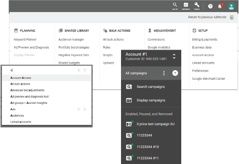 Google Ads' top-level navigation menu, grouped into Planning, Shared Library, Bulk Actions, Measurement and Setup.