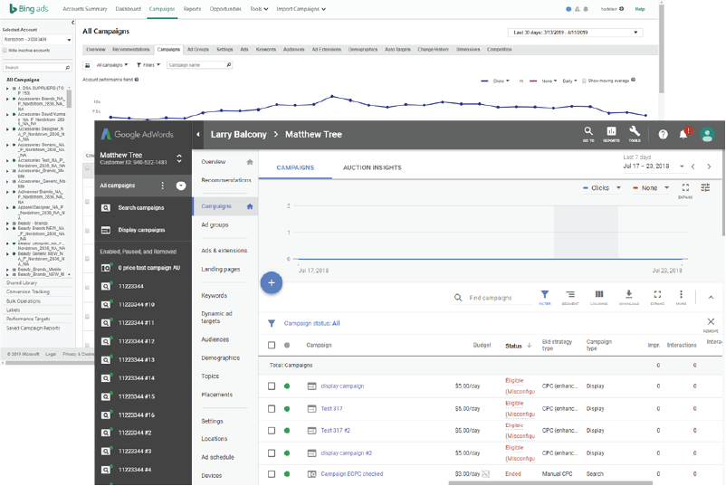 The existing Bing Ads campaigns dashboard shown layered over the Google AdWords account view, used to compare the two interfaces directly.
