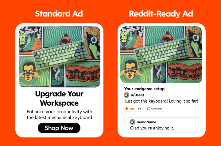 A comparison of promoted Reddit ad content styled to feel native and testimonial-driven, grounded in real reviews rather than traditional brand messaging.