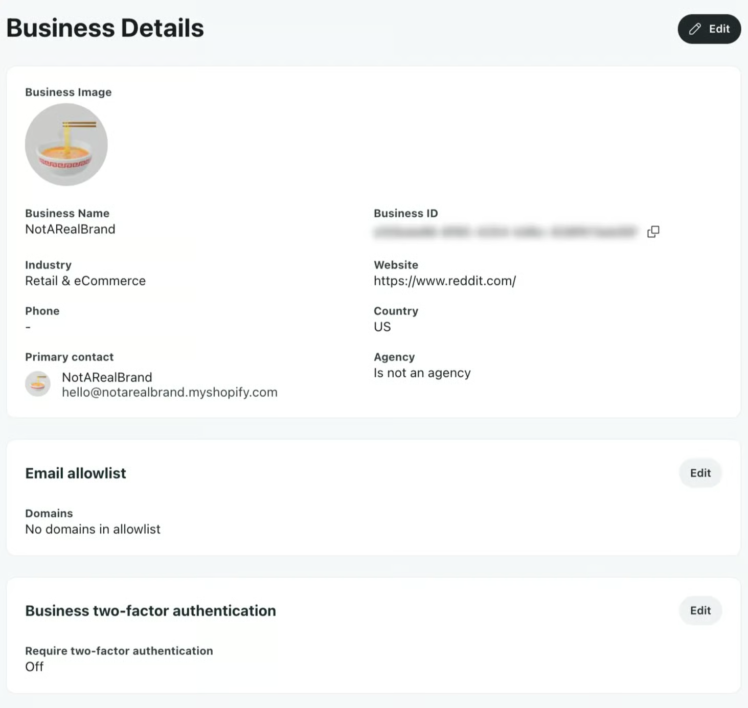 The Business details page, the first UI introduced for the new business entity, used internally by Reddit admins and account managers.