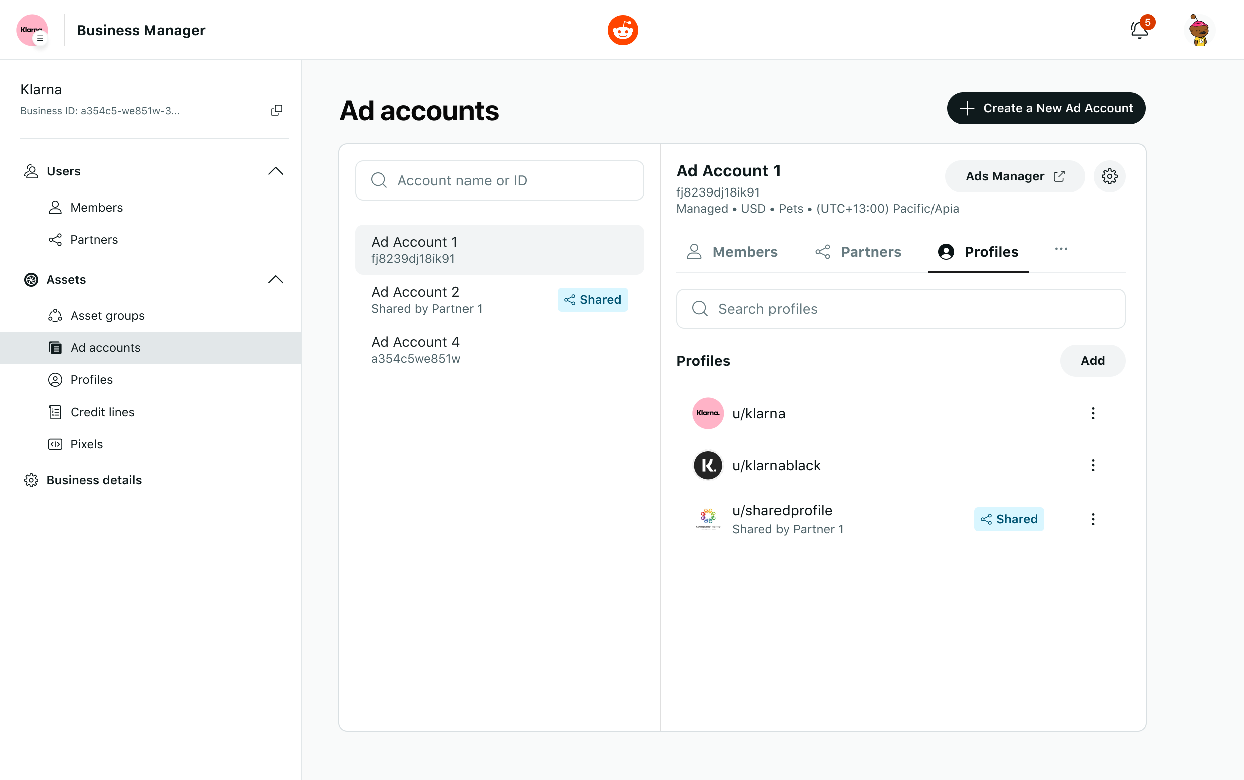 The scaled business manager interface, with partnership sharing, spend limits, pixel sharing, and expanded notifications.
